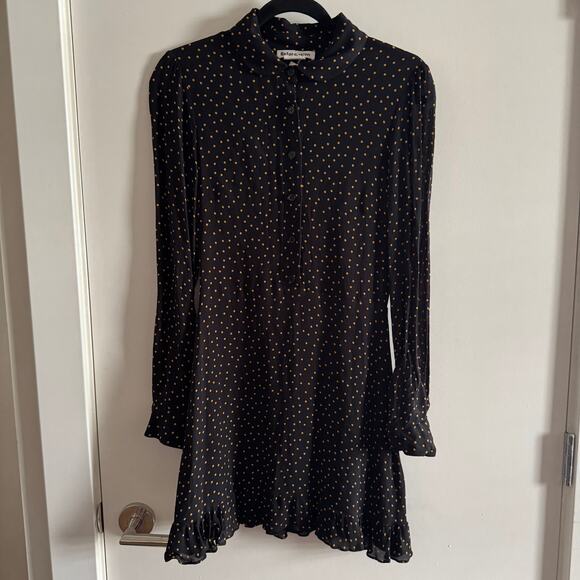 Reformation Lady Ruffle Long Sleeve Polka Dot Mini Dress Black Button Zip Sz 6 - Picture 1 of 7
